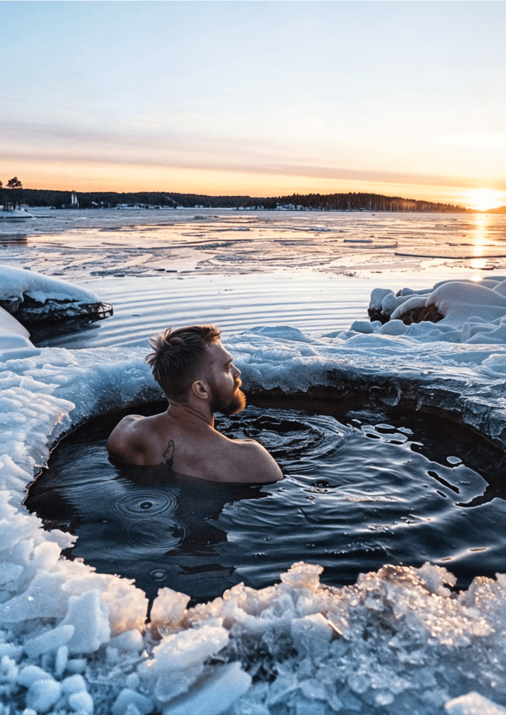 Bain d'hiver dans un lac glacé