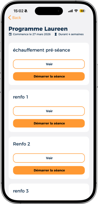 smartphone montrant le programme d'entrainement